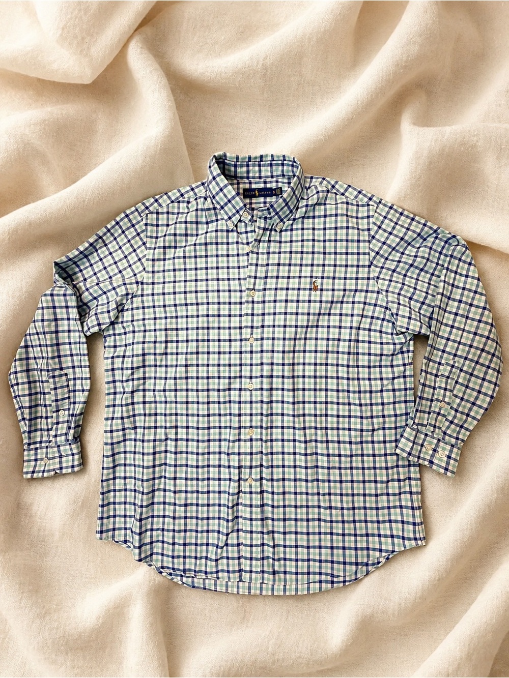 Ralph Lauren Mens XL Blue Green Gingham Plaid Button Down Long Sleeve Shirt